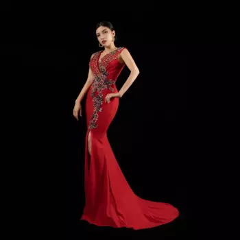 Женское платье русалки с V-образным вырезом и бусинами