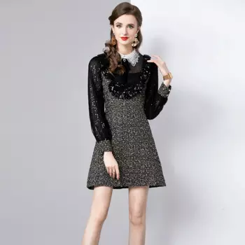 Женское платье с блестками, твидовое платье с оборками и бантом, осень-весна