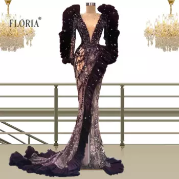 Женское платье с буфами на рукавах, со шлейфом