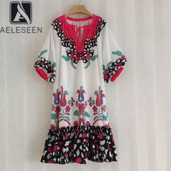 Женское платье с цветочным принтом AELESEEN, синее, красное свободное платье-мини с пышными рукавами