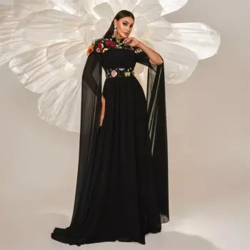 Женское платье с цветочным принтом, Черное длинное ТРАПЕЦИЕВИДНОЕ ПЛАТЬЕ с высокой горловиной и длинными рукавами