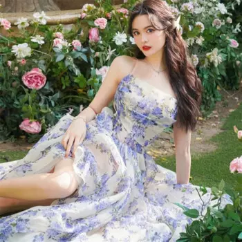 Женское платье с цветочным принтом, летнее платье без рукавов в Корейском стиле с широкой юбкой, платье на бретельках, женская одежда в стиле принцессы