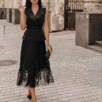 Женское платье с имитацией двух частей в стиле пэчворк, модное платье миди без рукавов