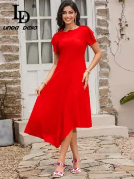 Женское платье с круглым вырезом LD LINDA DELLA, дизайнерское красное приталенное асимметричное платье миди с коротким рукавом, лето 2019