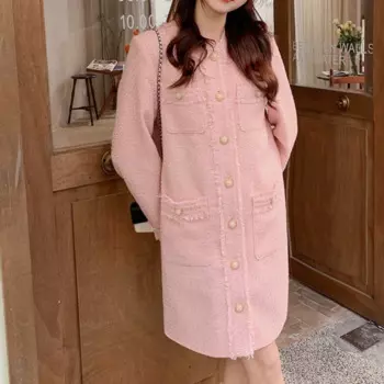 Женское платье с круглым вырезом, розовое твидовое платье с длинными рукавами и кисточками, простое свободное повседневное шикарное корейское мини-платье, Осень-зима 1761