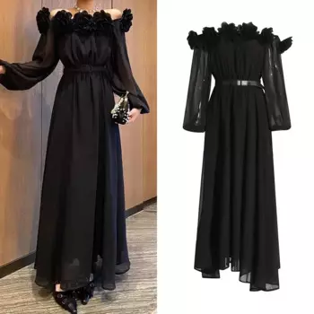 Женское платье с одним вырезом, длинное платье с трехмерными цветами и поясом