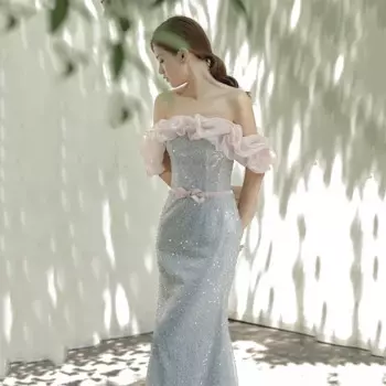 Женское платье с открытыми плечами, Элегантное синее платье с бисером и открытой спиной, длинное летнее платье-Русалка