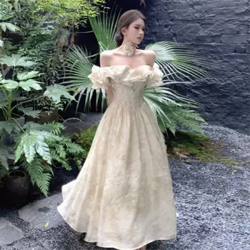 Женское платье с открытыми плечами, текстурированное длинное платье в стиле ретро с чайными перерывами