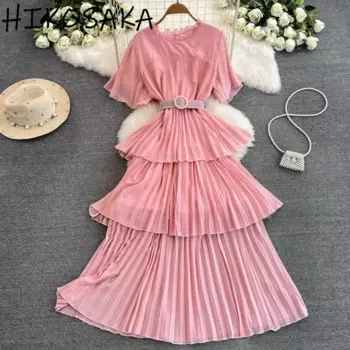 Женское платье с поясом, о-образным вырезом и поясом