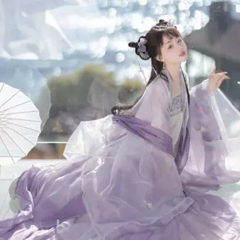 Женское платье с ремешком на груди, фиолетовое традиционное ежедневное платье Hanfu с цветами розы