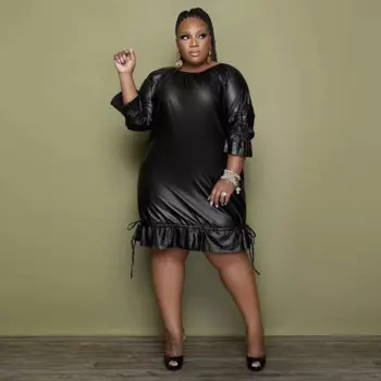 Женское платье с рукавом до локтя, из ПУ кожи