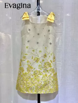 Женское платье с U-образным вырезом Evagina, дизайнерское платье с бантом на плечах, жаккардовое платье с бусинами, весна-лето 2023