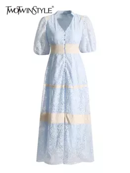 Женское платье с v-образным вырезом TWOTWINSTYLE, элегантное платье с пышными рукавами и высокой талией, 2023