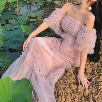 Женское платье с вырезом лодочкой, однотонное розовое винтажное ТРАПЕЦИЕВИДНОЕ Привлекательное платье средней длины с оборками и сеткой в стиле бохо, Элегантное летнее платье с коротким рукавом, 2022