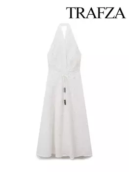 Женское платье с вышивкой и лямкой на шее, без рукавов