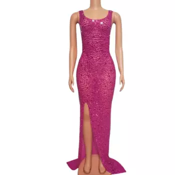 Женское платье с высоким разрезом, длинное платье ручной работы с кристаллами