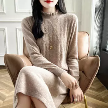 Женское платье-свитер из 100% шерсти с круглым вырезом, однотонный вязаный Модный женский пуловер с длинным рукавом, длинное платье, новый стиль