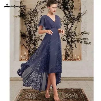 Женское платье-трапеция для матери невесты, асимметричное шифоновое кружевное платье с коротким рукавом и V-образным вырезом