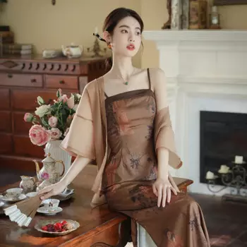 Женское платье в китайском стиле, элегантный классический сетчатый кардиган с цветочным принтом