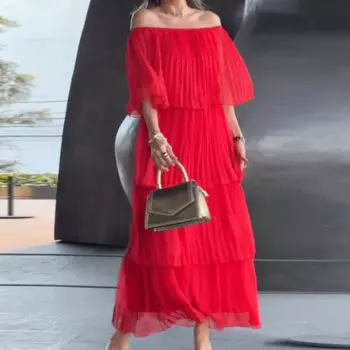 Женское плиссированное длинное платье с разрезом на шее и открытыми плечами, весеннее элегантное однотонное вечернее платье с рюшами, летнее платье макси в стиле бохо с рукавами-бабочками