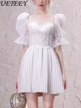 Женское плиссированное платье, элегантное белое кружевное лоскутное платье с короткими рукавами, весна-лето 2024