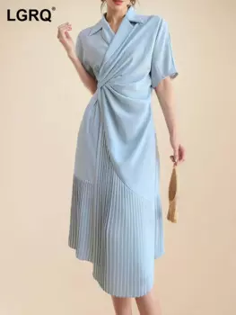 Женское плиссированное платье-блейзер с полурукавами и скрытой пряжкой