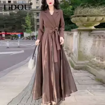 Женское плиссированное платье макси, элегантное винтажное платье на шнуровке, Повседневное платье с длинным рукавом, весна-осень