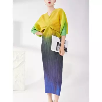 Женское плиссированное платье миаке, Элегантное Длинное Платье с градиентом и рукавами «летучая мышь» [2111ZSJ]