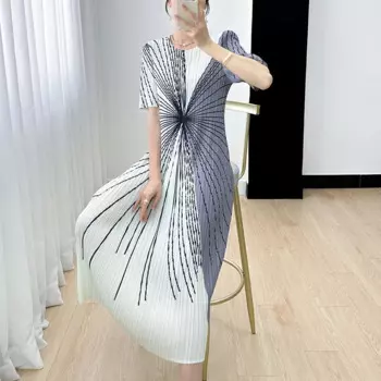 Женское плиссированное платье миаке, Элегантное летнее ТРАПЕЦИЕВИДНОЕ ПЛАТЬЕ с коротким рукавом и круглым вырезом