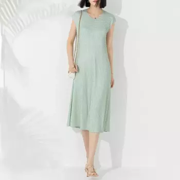 Женское плиссированное платье миаке, модное мятно-зеленое платье с круглым вырезом без рукавов