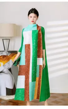 Женское плиссированное платье миаке, весеннее элегантное платье с широкой юбкой, свободное тонкое платье с рукавом семь минут и цветным принтом