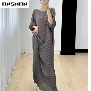Женское плиссированное платье миди Ansman Miyake, новинка сезона осень 2023, однотонное элегантное Свободное длинное платье с рукавом и круглым вырезом