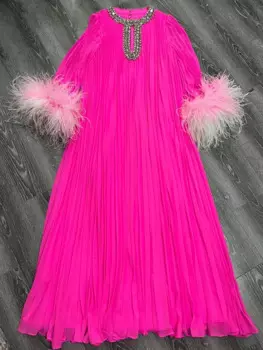 Женское плиссированное платье миди с длинным рукавом и круглым вырезом