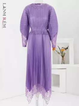 Женское плиссированное платье с круглым вырезом, длинным рукавом