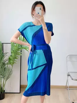 Женское плиссированное платье с поясом Delocah, разноцветное пляжное платье миди с коротким рукавом, лето 2019