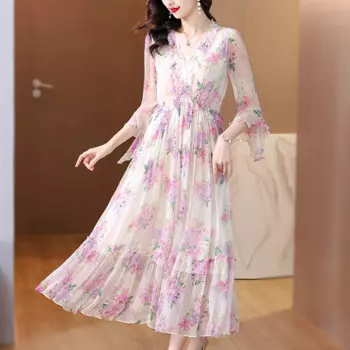 Женское пляжное цветочное шелковое Повседневное платье в стиле бохо, лето 2024, корейская мода, элегантное платье макси, новое корейское роскошное женское платье