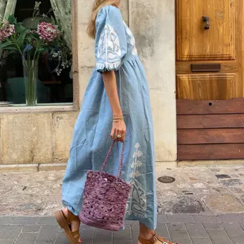 Женское пляжное платье с вырезами и открытой спиной, синее Плиссированное Платье с принтом в богемном стиле, повседневное Свободное длинное летнее платье с коротким рукавом