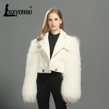 Женское Полушерстяное пальто Luxyonuo, натуральная монгольская овечья шерстяная куртка, женская модная короткая стильная шуба, зима 2024