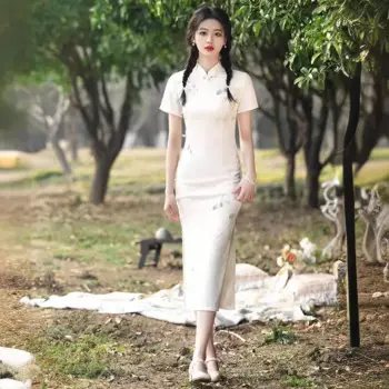 Женское повседневное кружевное платье Ципао, винтажное элегантное китайское традиционное платье с коротким рукавом