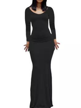 Женское повседневное однотонное платье с длинным рукавом и круглым вырезом