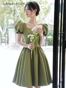 Женское Повседневное платье для выпускного вечера, короткое платье для вечеринки в честь Дня Рождения для женщин, элегантное зеленое вечернее платье во французском стиле с коротким рукавом