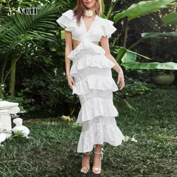 Женское Повседневное платье с V-образным вырезом и пышными рукавами