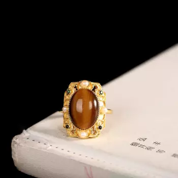 Женское позолоченное кольцо из чистого серебра s925 пробы с тигровым глазом