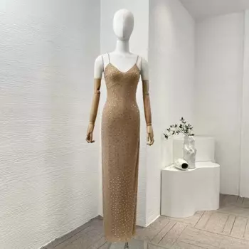 Женское праздничное коллекция, элегантное облегающее платье телесного цвета без рукавов, с бриллиантами, высококачественное длинное платье-Макси