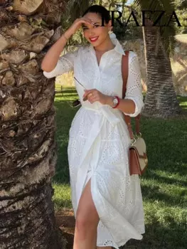 Женское праздничное платье-рубашка с вышивкой и поясом, однобортное свободное повседневное длинное платье с длинным рукавом TRAFZA, 2024