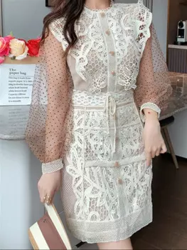 Женское праздничное платье-трапеция в стиле бохо, элегантное весеннее платье с высокой талией и кружевной вышивкой, роскошное платье с длинным рукавом, 2022