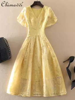 Женское приталенное платье с V-образным вырезом, коротким рукавом