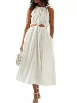 Женское привлекательное льняное платье миди с вырезом на талии, новинка 2023, Модное Длинное платье без рукавов с круглым вырезом