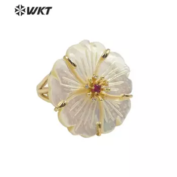 Женское прозрачное кольцо с фианитом, в форме цветка и ракушки