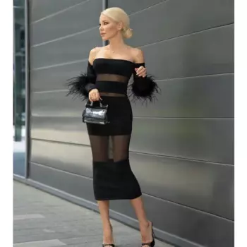 Женское Прозрачное платье с открытыми плечами и рукавами-перьями